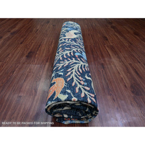 10'1"x10'1" Denim Blue, Hand Knotted, Afghan Peshawar with Birds of Paradise Design, Soft and Shiny Wool, Vegetable Dyes, Square, Oriental Rug FWR121008