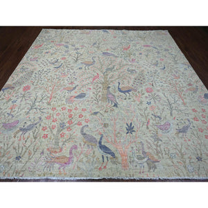 10'x10' Pistachio Green, Hand Knotted, Afghan Peshawar with Birds of Paradise Design, Soft Wool, Natural Dyes, Square, Oriental Rug FWR121014