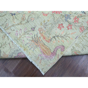 10'x10' Pistachio Green, Hand Knotted, Afghan Peshawar with Birds of Paradise Design, Soft Wool, Natural Dyes, Square, Oriental Rug FWR121014