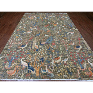 9'x12' Dim Gray, Afghan Peshawar with Birds of Paradise Design, Soft and Velvety Wool, Hand Knotted, Vegetable Dyes, Oriental Rug FWR121044