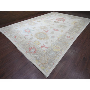 12'x17'4" Cotton White, Afghan Angora Oushak With Large Leaf Design, Hand Knotted, Vegetable Dyes, 100% Wool, Oversized, Oriental Rug FWR121086