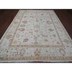 9'2"x12' Bone White, Afghan Angora Oushak With All Over Leaf Design, Hand Knotted, 100% Wool, Veggie Dyes, Oriental Rug FWR121158