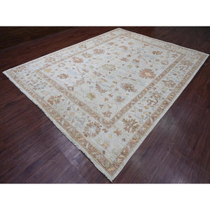 9'2"x12' Bone White, Afghan Angora Oushak With All Over Leaf Design, Hand Knotted, 100% Wool, Veggie Dyes, Oriental Rug FWR121158