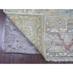3'10"x12'1" Stone Gray, Hand Knotted, Afghan Angora Oushak With Soft Color Leaf Design, Veggie Dyes, 100% Wool, Runner, Oriental Rug FWR121266