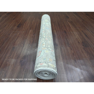 3'10"x12'1" Stone Gray, Hand Knotted, Afghan Angora Oushak With Soft Color Leaf Design, Veggie Dyes, 100% Wool, Runner, Oriental Rug FWR121266