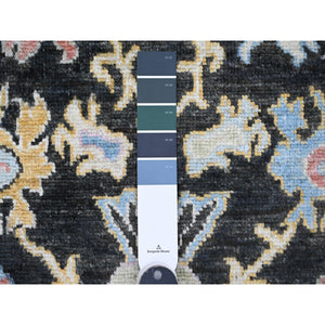 3'x9'9" Ink Black, Afghan Angora Oushak with Pop of Color, Leaf Design, Hand Knotted, Vegetable Dyes, 100% Wool, Runner, Oriental Rug FWR121320