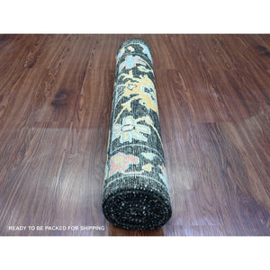 3'x9'9" Ink Black, Afghan Angora Oushak with Pop of Color, Leaf Design, Hand Knotted, Vegetable Dyes, 100% Wool, Runner, Oriental Rug FWR121320