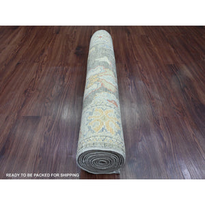 2'9"x10'3" Dim Gray, Hand Knotted, Afghan Angora Oushak with Soft Color Leaf Design, Vegetable Dyes, 100% Wool, Runner, Oriental Rug FWR121326