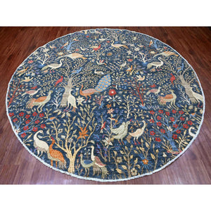 9'6"x9'6" Aegean Blue, Hand Knotted, Afghan Peshawar with Birds of Paradise Design, Soft and Velvety Wool, Natural Dyes, Round, Oriental Rug FWR121398