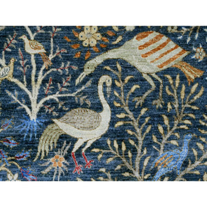 9'6"x9'6" Aegean Blue, Hand Knotted, Afghan Peshawar with Birds of Paradise Design, Soft and Velvety Wool, Natural Dyes, Round, Oriental Rug FWR121398