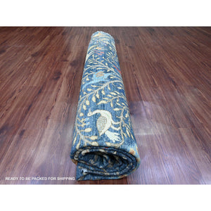 9'6"x9'6" Aegean Blue, Hand Knotted, Afghan Peshawar with Birds of Paradise Design, Soft and Velvety Wool, Natural Dyes, Round, Oriental Rug FWR121398