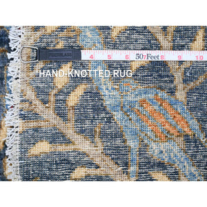 9'6"x9'6" Aegean Blue, Hand Knotted, Afghan Peshawar with Birds of Paradise Design, Soft and Velvety Wool, Natural Dyes, Round, Oriental Rug FWR121398