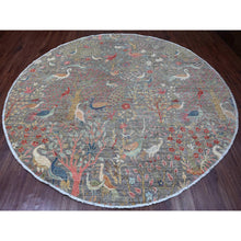 Load image into Gallery viewer, 9&#39;9&quot;x9&#39;9&quot; Spanish Gray, Afghan Peshawar with Birds of Paradise Design, Hand Knotted, Soft Wool, Natural Dyes, Round, Oriental Rug FWR121404