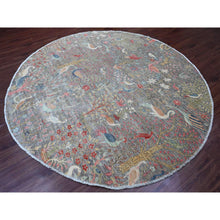 Load image into Gallery viewer, 9&#39;9&quot;x9&#39;9&quot; Spanish Gray, Afghan Peshawar with Birds of Paradise Design, Hand Knotted, Soft Wool, Natural Dyes, Round, Oriental Rug FWR121404