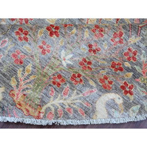 9'9"x9'9" Spanish Gray, Afghan Peshawar with Birds of Paradise Design, Hand Knotted, Soft Wool, Natural Dyes, Round, Oriental Rug FWR121404