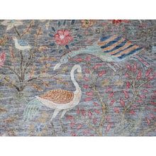 Load image into Gallery viewer, 9&#39;9&quot;x9&#39;9&quot; Spanish Gray, Afghan Peshawar with Birds of Paradise Design, Hand Knotted, Soft Wool, Natural Dyes, Round, Oriental Rug FWR121404