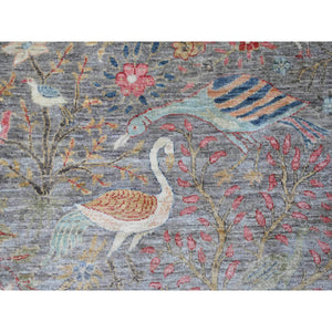 9'9"x9'9" Spanish Gray, Afghan Peshawar with Birds of Paradise Design, Hand Knotted, Soft Wool, Natural Dyes, Round, Oriental Rug FWR121404