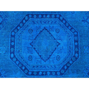 7'8"x10'1" Bayern Blue, Hand Knotted, Overdyed Kazak with Geometric Medallion Design, 100% Wool, Oriental Rug FWR121482