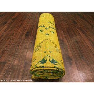 8'6"x11'4" Golden Yellow, Overdyed Kazak with Geometric Design, Hand Knotted, 100% Wool, Oriental Rug FWR121488