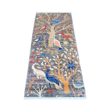 Load image into Gallery viewer, 2&#39;8&quot;x5&#39;8&quot; Sonic Gray, Afghan Peshawar with Birds of Paradise Design, Hand Knotted, Soft and Shiny Wool, Natural Dyes, Short Runner, Oriental Rug FWR121602