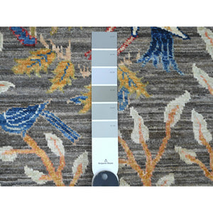 2'8"x5'8" Sonic Gray, Afghan Peshawar with Birds of Paradise Design, Hand Knotted, Soft and Shiny Wool, Natural Dyes, Short Runner, Oriental Rug FWR121602