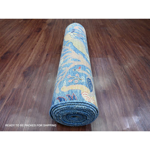 3'1"x19'4" Lake Blue, Afghan Peshawar with Birds of Paradise Design, Hand Knotted, 100% Soft Wool, Vegetable Dyes, XL Runner, Oriental Rug FWR121614