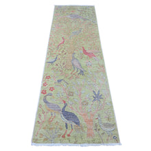 Load image into Gallery viewer, 2&#39;4&quot;x7&#39;9&quot; Olive Green, Hand Knotted, Afghan Peshawar with Birds of Paradise Design, Soft Wool, Vegetable Dyes, Runner, Oriental Rug FWR121620