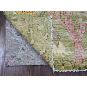 2'7"x6' Olive Green, Afghan Peshawar with Birds of Paradise Design, Soft 100% Wool, Hand Knotted, Vegetable Dyes, Runner, Oriental Rug FWR121626