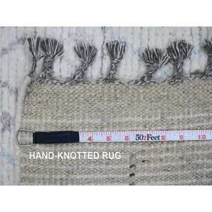 2'5"x10'6" Pearl White, Moroccan Weave with Geometric Pattern, Textured Pile, Soft Wool, Hand Knotted, Runner, Oriental Rug FWR121644