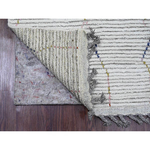 2'3"x10'5" Chiffon White, Moroccan Weave With Zigzag Line Design, Soft Wool, Hand Knotted, Textured Pile, Runner, Oriental Rug FWR121650