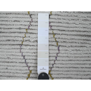 2'3"x10'5" Chiffon White, Moroccan Weave With Zigzag Line Design, Soft Wool, Hand Knotted, Textured Pile, Runner, Oriental Rug FWR121650