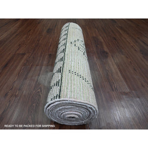 2'10"x15'8" Alabaster White, Moroccan Weave With Serrated Medallions Design, Soft Wool, Hand Knotted, Textured Pile, Xl Runner, Oriental Rug FWR121662