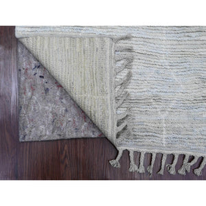 2'6"x12'9" Cascading White, Soft Wool, Moroccan Weave with Geometric Pattern, Textured Pile, Hand Knotted, Runner, Oriental Rug FWR121668
