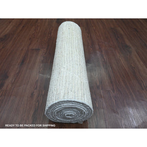 2'6"x12'9" Cascading White, Soft Wool, Moroccan Weave with Geometric Pattern, Textured Pile, Hand Knotted, Runner, Oriental Rug FWR121668