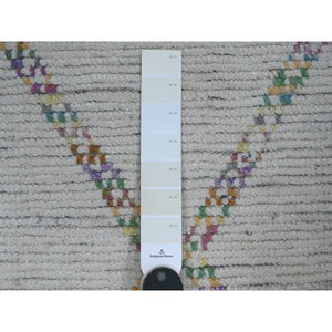 2'4"x10'7" Oyster White, Moroccan Weave with Colorful Geometric Pattern, Textured Pile, Soft Wool, Hand Knotted, Runner, Oriental Rug FWR121698