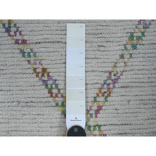 Load image into Gallery viewer, 2&#39;4&quot;x10&#39;7&quot; Oyster White, Moroccan Weave With Colorful Geometric Pattern, Textured Pile, Soft Wool, Hand Knotted, Runner, Oriental Rug FWR121698