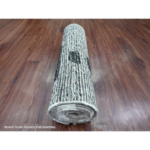 2'6"x11' Alabaster White, Moroccan Weave with Geometric Pattern, Informal Look, Hand Knotted, Textured Pile, Soft Wool, Runner, Oriental Rug FWR121710