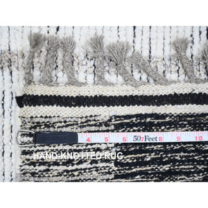 2'6"x11' Alabaster White, Moroccan Weave with Geometric Pattern, Informal Look, Hand Knotted, Textured Pile, Soft Wool, Runner, Oriental Rug FWR121710