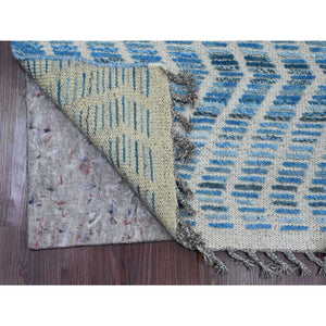 2'5"x10'6" Imperial Blue, Moroccan Weave With Geometric Zig Zag Pattern, Soft Wool, Hand Knotted, Textured Pile, Runner, Oriental Rug FWR121722