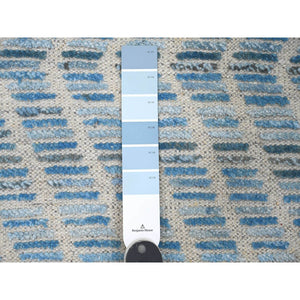 2'5"x10'6" Imperial Blue, Moroccan Weave With Geometric Zig Zag Pattern, Soft Wool, Hand Knotted, Textured Pile, Runner, Oriental Rug FWR121722