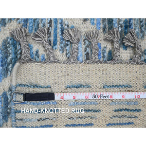 2'5"x10'6" Imperial Blue, Moroccan Weave With Geometric Zig Zag Pattern, Soft Wool, Hand Knotted, Textured Pile, Runner, Oriental Rug FWR121722