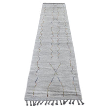 Load image into Gallery viewer, 2&#39;6&quot;x10&#39;6&quot; Oyster White, Hand Knotted, Moroccan Weave with Geometric Serrated Line Design, Textured Pile, Soft Wool, Runner, Oriental Rug FWR121728