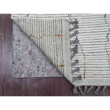 Load image into Gallery viewer, 2&#39;6&quot;x10&#39;6&quot; Oyster White, Hand Knotted, Moroccan Weave With Geometric Serrated Line Design, Textured Pile, Soft Wool, Runner, Oriental Rug FWR121728
