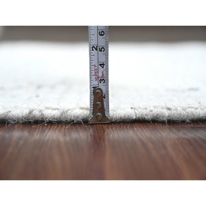 2'6"x10'6" Oyster White, Hand Knotted, Moroccan Weave with Geometric Serrated Line Design, Textured Pile, Soft Wool, Runner, Oriental Rug FWR121728