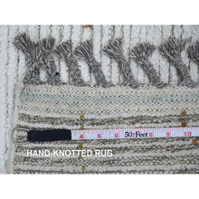 Load image into Gallery viewer, 2&#39;6&quot;x10&#39;6&quot; Oyster White, Hand Knotted, Moroccan Weave With Geometric Serrated Line Design, Textured Pile, Soft Wool, Runner, Oriental Rug FWR121728