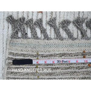 2'6"x10'6" Oyster White, Hand Knotted, Moroccan Weave with Geometric Serrated Line Design, Textured Pile, Soft Wool, Runner, Oriental Rug FWR121728