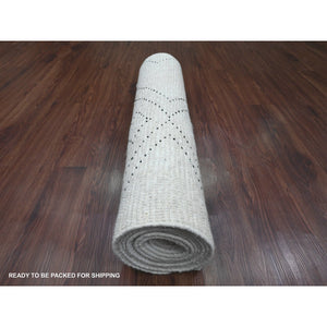 3'x12'8" Pearl White, Moroccan Weave with Geometric Pattern, Textured Pile, Soft Wool, Hand Knotted, Runner, Oriental Rug FWR121734