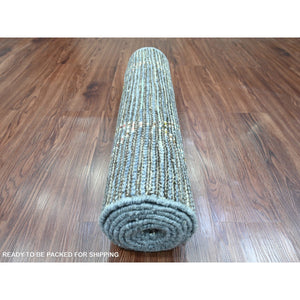 2'5"x8'4" Shades of Gray, Moroccan Weave with Geometric Serrated Pattern, Hand Knotted, Textured Pile, Soft Wool, Runner, Oriental Rug FWR121740