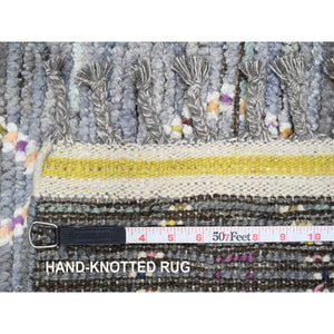 2'5"x8'4" Shades of Gray, Moroccan Weave with Geometric Serrated Pattern, Hand Knotted, Textured Pile, Soft Wool, Runner, Oriental Rug FWR121740