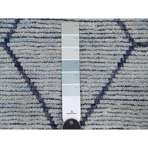 2'5"x10'3" Beau Blue, Moroccan Weave With Geometric Pattern, Textured Pile, Hand Knotted, Soft Wool, Runner, Oriental Rug FWR121746